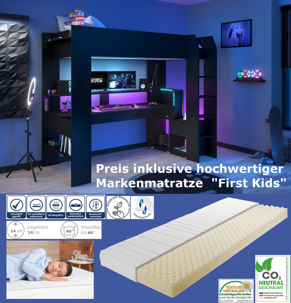 Gaming Hochbett mit MATRATZE, Bett "Online 1" von Parisot in Schwarz inklusive LED Beleuchtung