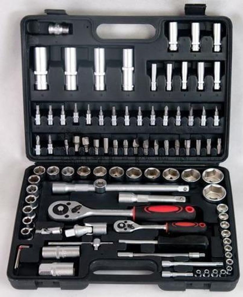 A black plastic tool case filled with various metal tools, including sockets, ratchets, and extensions.