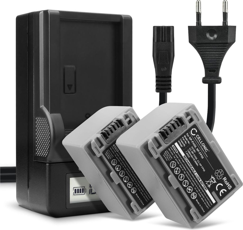 CELLONIC 2x Akku für Kamera Kompatibel mit Sony DCR-DVD103, DCR-DVD105, DCR-DVD202, NP-FH50 - (1360mAh, 7.4V) + Ladegerät