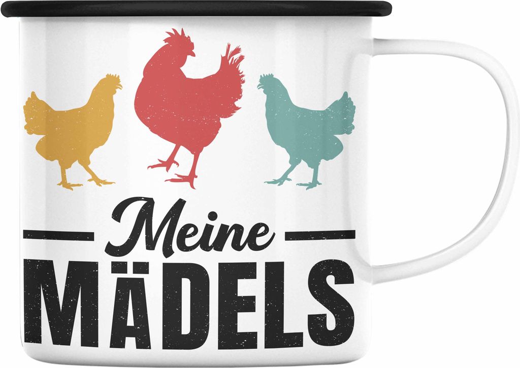 Trendation - Meine Mädels Emaille Tasse Geschenk Spruch Hühner Bauer Bäuerin Landwirt Geschenkidee (Schwarz)
