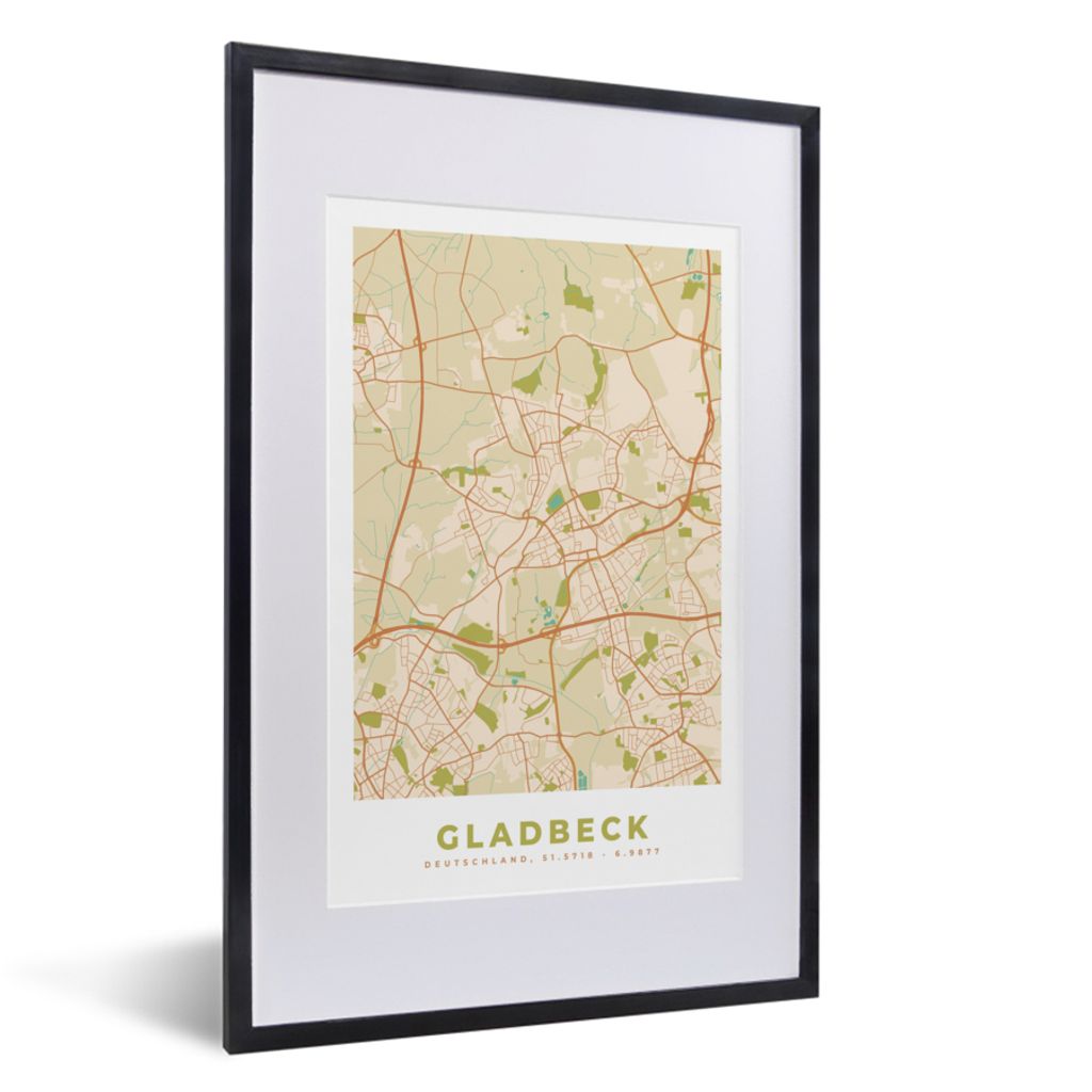 MuchoWow Gerahmtes Poster Gladbeck - Karte - Stadtplan - Vintage 40x60 cm - Poster mit Schwarzem Bilderrahmen Wandposter Rahmen Foto Bilder - Pos...