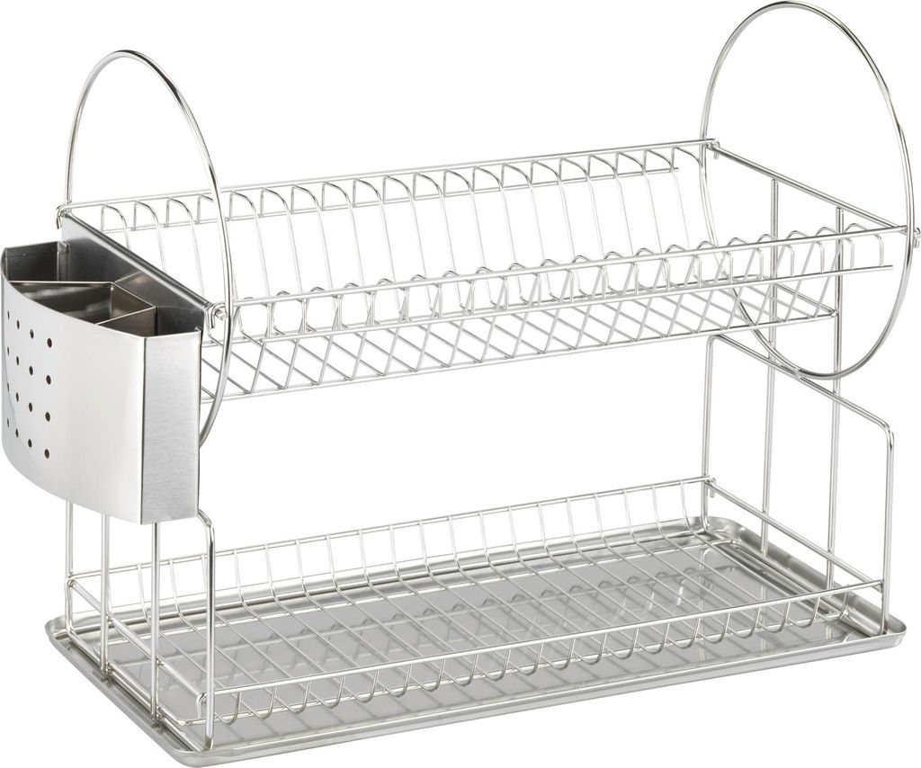 A two-tiered stainless steel dish drying rack with an attached utensil holder.