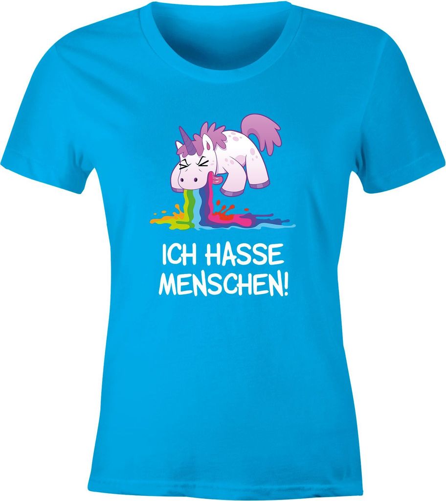 Damen T-Shirt Spruch Ich hasse Menschen kotzendes Einhorn Frauen Fun-Shirt lustig Moonworks türkis XXL