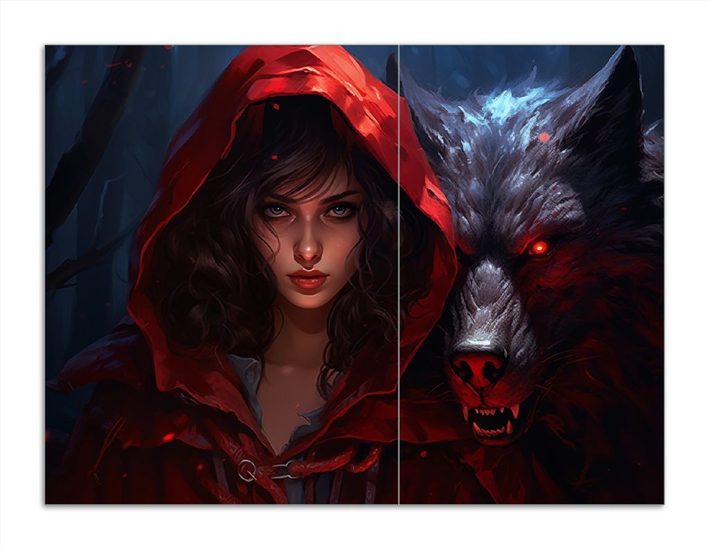 Wallario Herdabdeckplatte aus Glas, Größe 70 x 52 cm 2-teilig, Motiv Das Mädchen und der Wolf