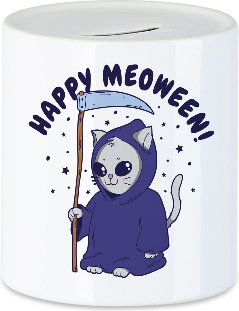 Happy Moeween Emaille Spardose Mietze Kater Cat Humor Sarkasmus Oktober Tod Sensenmann Axt Happy Halloween