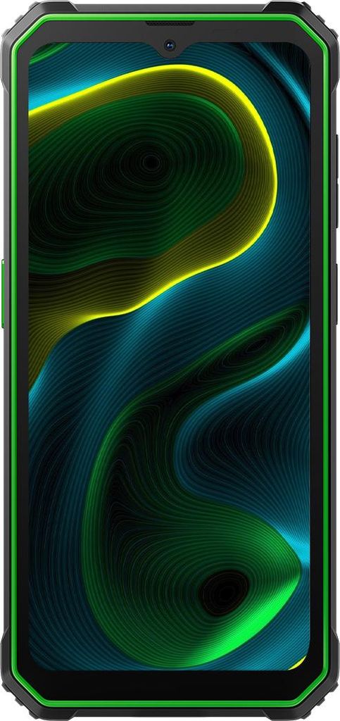 A front view of a rugged smartphone with a vibrant wallpaper displayed on its screen.