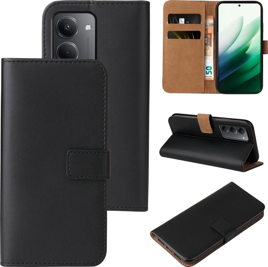 A collage of images showing a black flip phone case for a Xiaomi Redmi 15 / 15 5G, including different angles and a view of the inside with card slots.