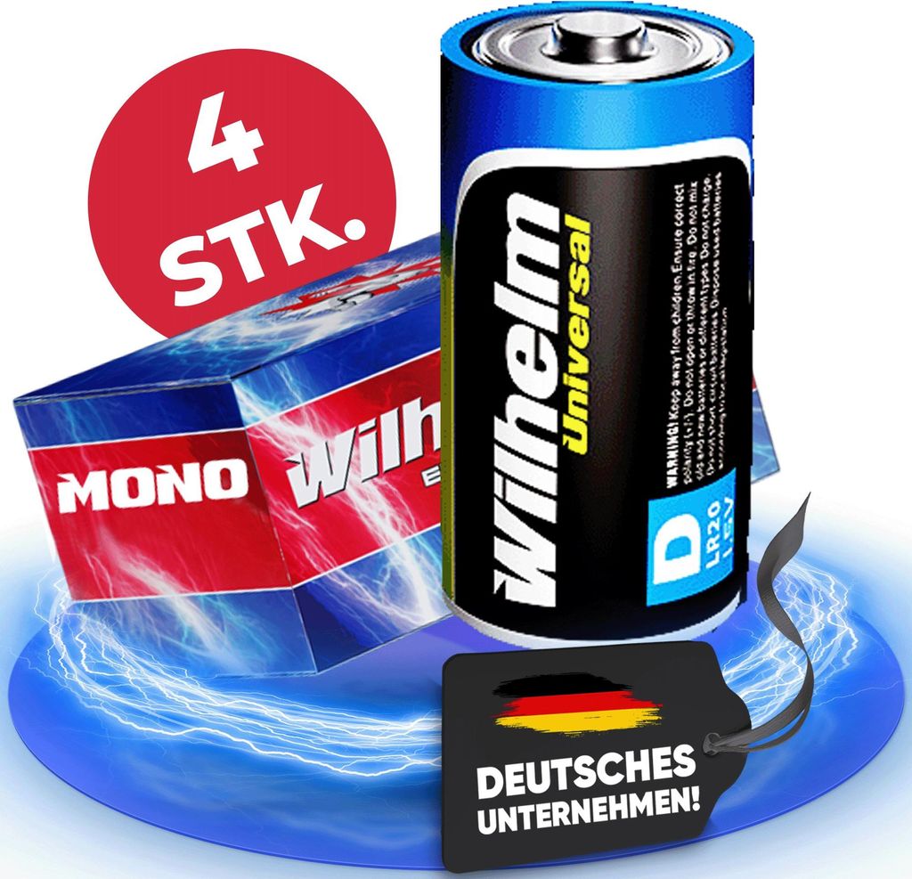 4 x Mono D Universal Wilhelm Alkaline Batterien LR20 1,5V