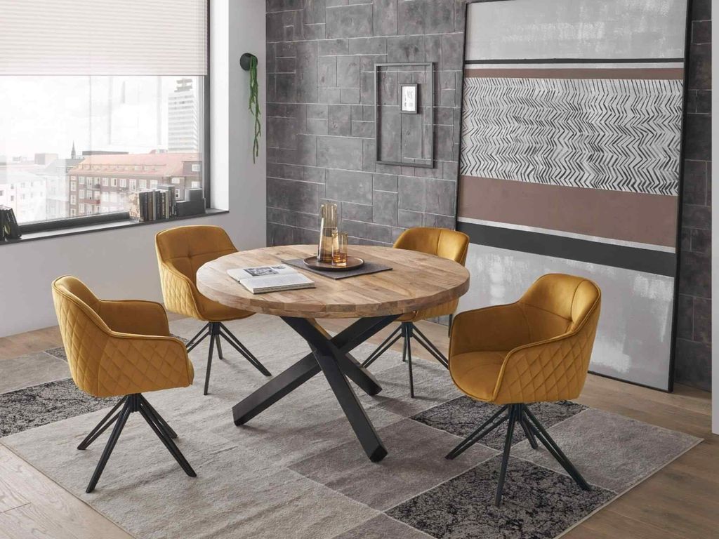 Essgruppe ACE Mangoholz massiv, 4 Stühle in gold + Esstisch rund