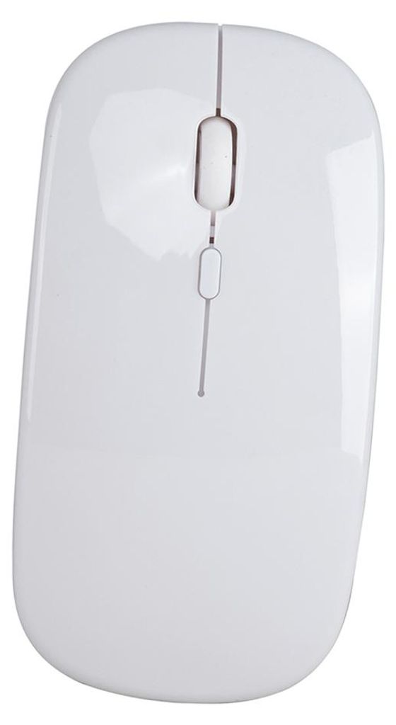 A white wireless mouse is shown from a top-down perspective against a white background.