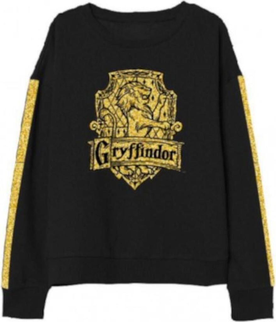Harry Potter Pullover mit glitzerndem Gryffindor Wappen und Glitzer- Streifen an den Ärmeln, schwarz,158/164