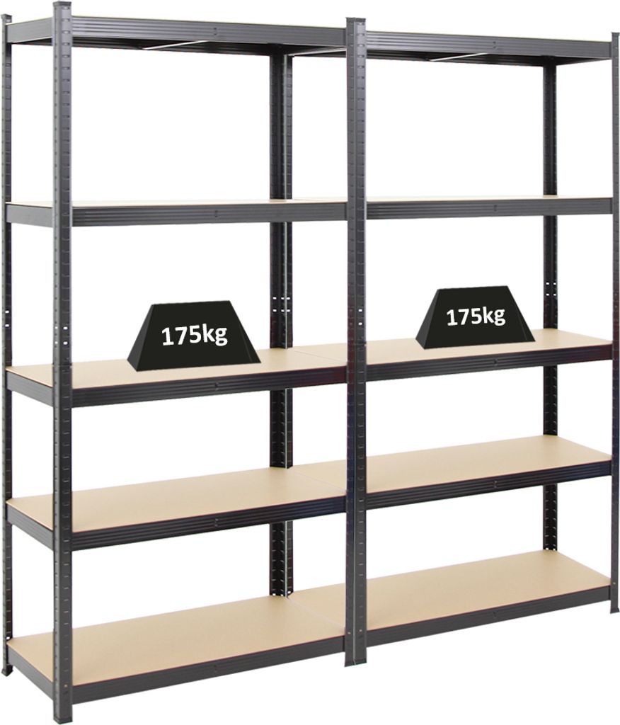 Mega Deal | 2x Schwerlastregal Ragnar | HxBxT 180x90x40cm | 5 MDF-Platten-Ebenen | Fachlast 175kg | Schwarz