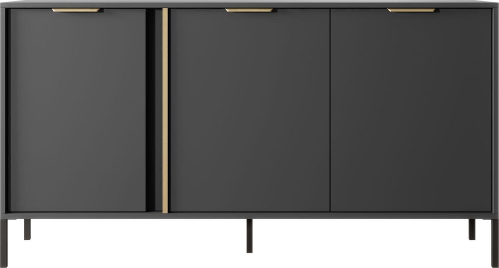 Elegantes Schwarzes Sideboard – Skandinavische Kommode mit 3 Türen – 153x81x40 cm – Schwarz mit Goldenen Griffen – Elegante Hohe Metallfü...
