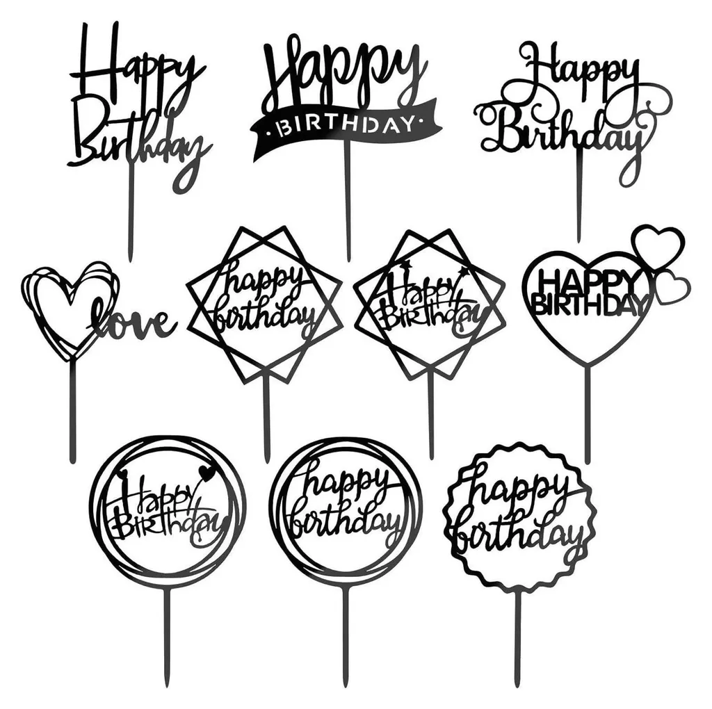 Set 10 Pezzi Cake Topper Buon Compleanno Acrilico Nero | Decoro Torte