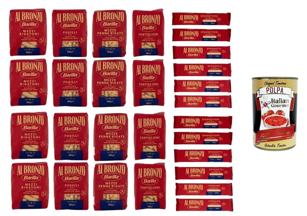Italian Gourmet, Barilla Pasta Al Bronzo Mix-Pack 28 x 500 g, Bronzegezogen & langsam getrocknet, italienische Hartweizenpasta in verschiedenen For...