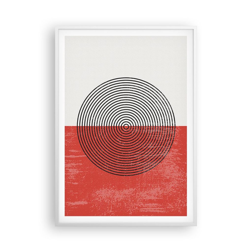 Gerahmtes Poster - Weißer Rahmen - Abstraktion Weiß-Rot Kreise - 70x100 cm - Wand Bild - Wanddeko - Wandbilder - Kunstposter - Wandposter - Bilde...