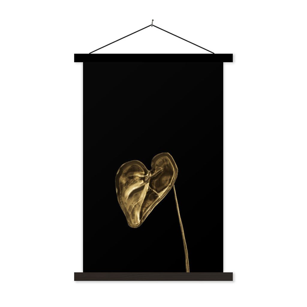 MuchoWow Textilposter Blatt - Herz - Gold 60x90 cm mit schwarzem Rahmen - Poster Wohnzimmer