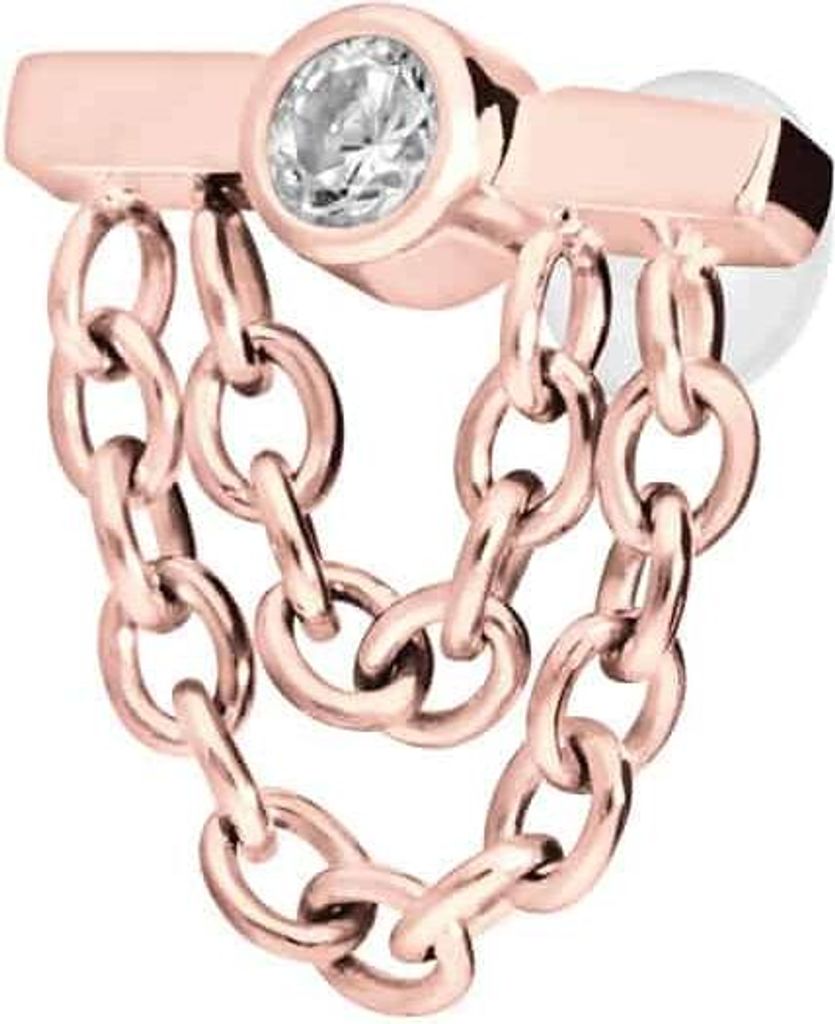 Ohrpiercing, Nasenpiercing PTFE Labret mit Innengewinde + Titan-Aufsatz BALKEN + KRISTALL + 2 KETTEN RoséGold Stablänge: 5mm | Stabstärke: 1,2mm