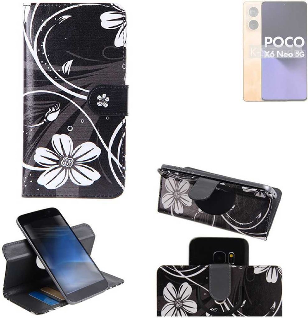 K-S-Trade Schutzhülle Handyhülle kompatibel mit POCO X6 Neo Hülle 360° Wallet Case “Flowers“ Klapphülle Hülle schwarz-weiß 1x