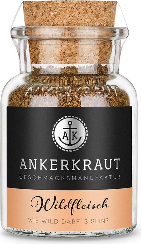 A glass jar of seasoning with a cork lid, featuring a black label with brand and product information.