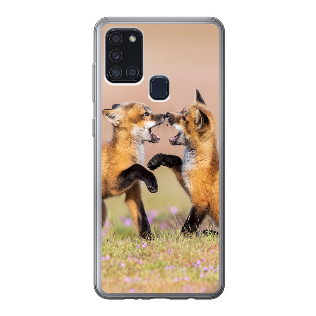 MuchoWow Handyhülle Schutzhülle Hülle für Samsung Galaxy A21s Füchse - Blumen - Porträt Silikon Softcase Handy Hülle - Hartschale