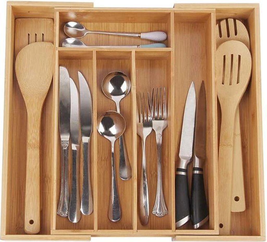 QUVIO Besteckfach Organizer Holz - Verstellbare Besteckschublade - Besteckablage - Ablagefach - Besteckkassette - Braun