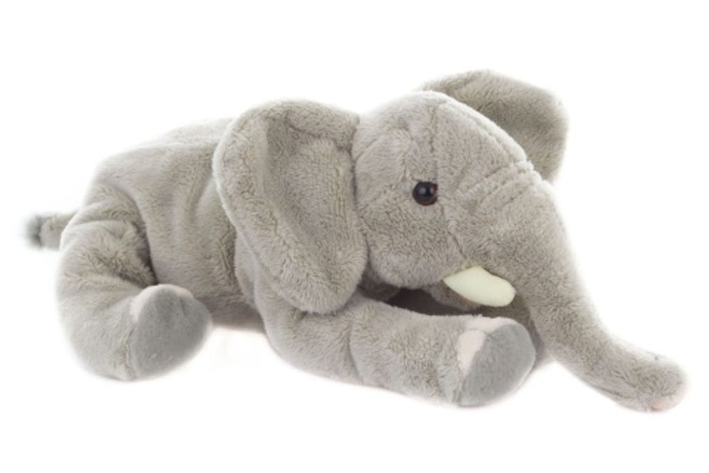 A plush toy elephant lying down on a white background.
