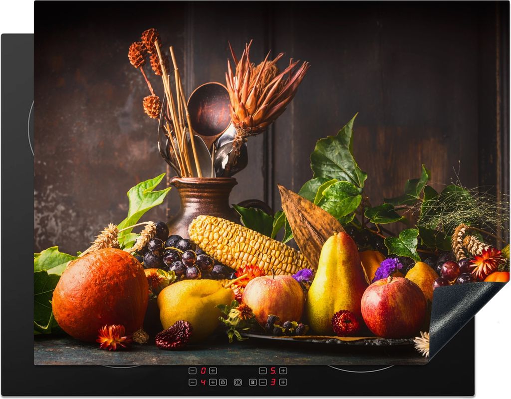 KitchenYeah Herdabdeckplatte Gemüse - Obst - Rustikal - Tisch , 77x59cm, Küche Deko, Glaskeramikkochfeld Herdabdeckung, Abdeckplatte fùr Kochfeld