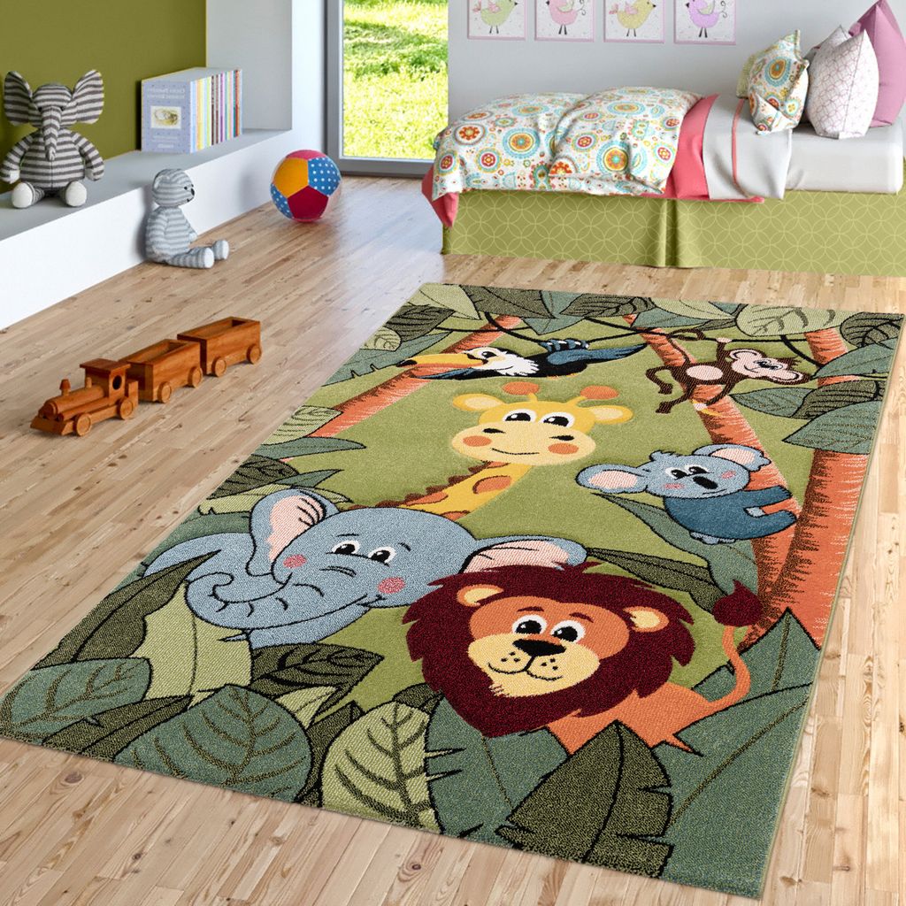 TT Home Kinderzimmer Teppich Dschungel Zoo Tiere Giraffe Schlange Löwe Affe Grün Größe 200x290 cm