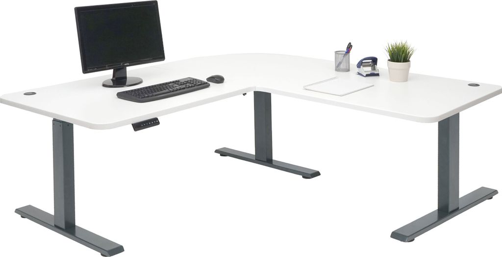 Eck-Schreibtisch MCW-D40, Computertisch elektrisch höhenverstellbar 178x178cm 84kg MVG weiß, anthrazit-grau