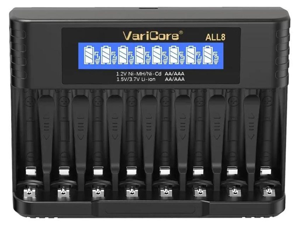 ALL8 intelligentes Ladegerät - 8-Schacht Akku-Ladegerät - für NiMH NiCd Li-Ion AA AAA 14500 - USB Type-C Eingang 5–20V - LCD-Display - Schnell...