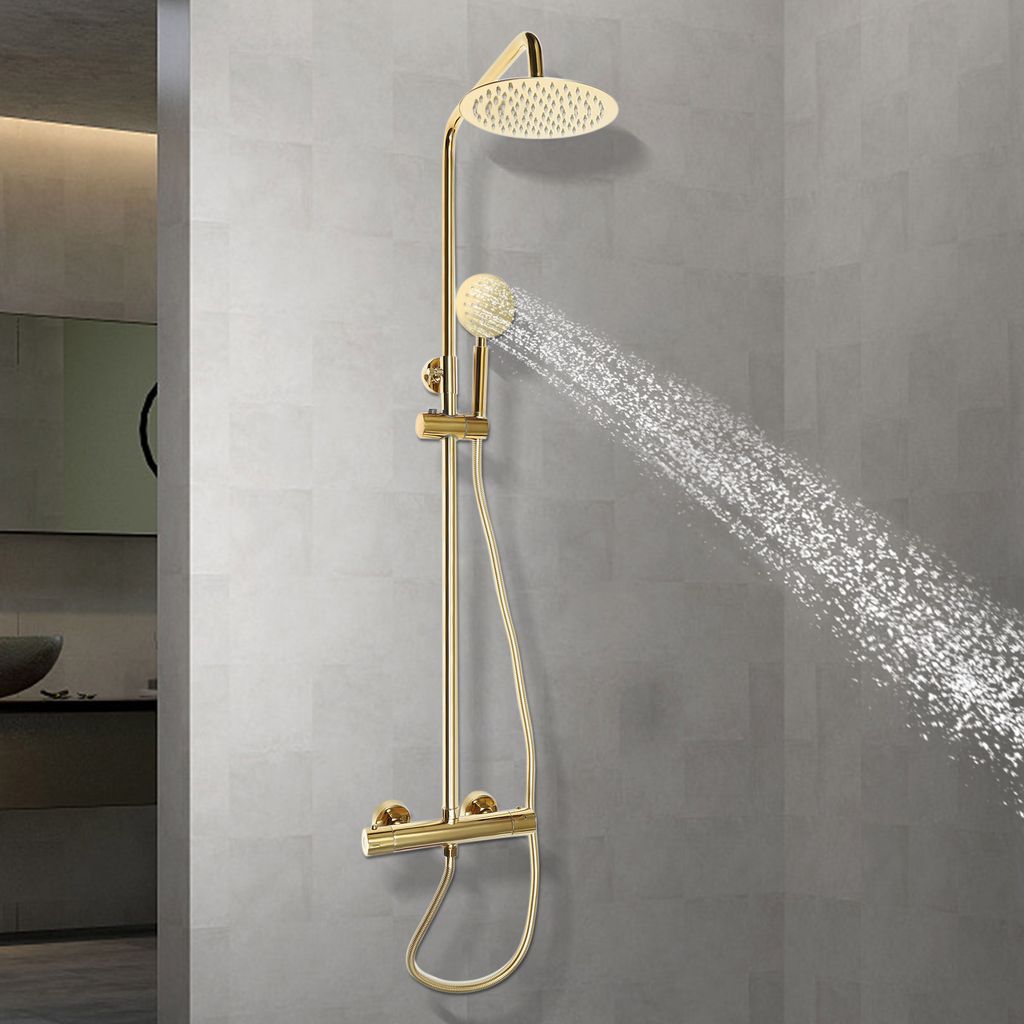 Duschsystem mit Thermostat 20cm rund Regendusche Handbrause Edelstahl Messing 70-110cm höhenverstellbar Duschset (gold)