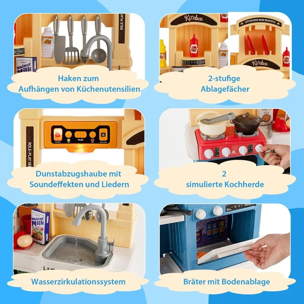 Cuisine de jeu interactive vapeur et son 69 pièces kit bleu enfant