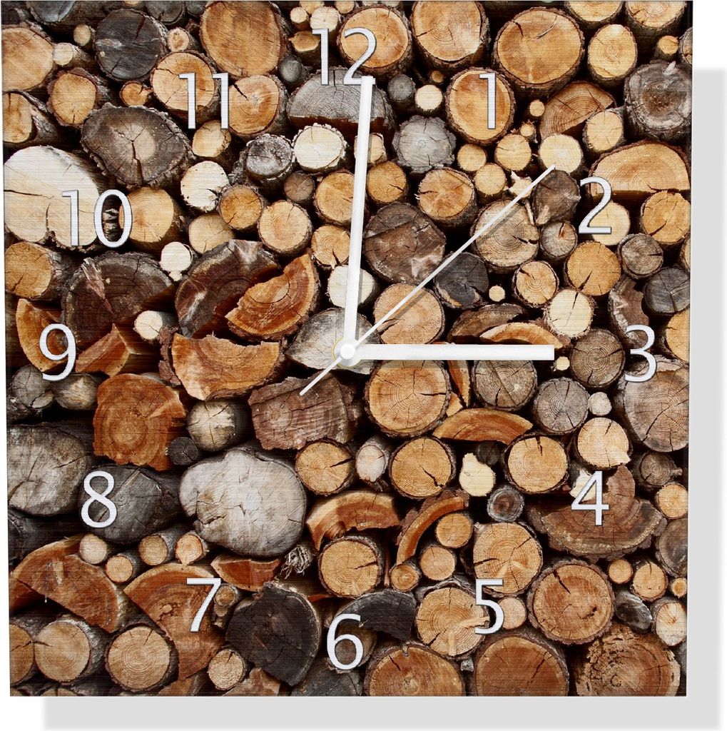 Wallario Design Wanduhr Dunkler Holzstapel rund aus Aluverbund, Größe 30 x 30 cm