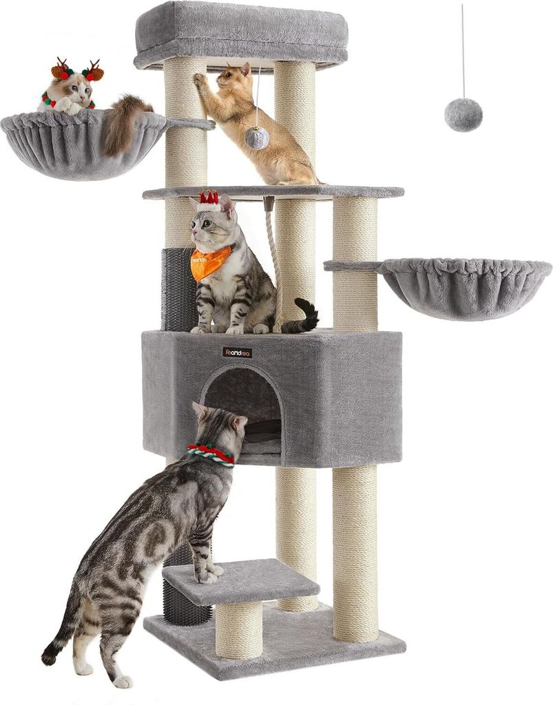 Feandrea Kratzbaum mit selbstheizenden Decken, für große Katzen, Kratzbaum, 2 Katzenbürsten, 9 dicke Stämme von 11,1 cm Durchmesser,