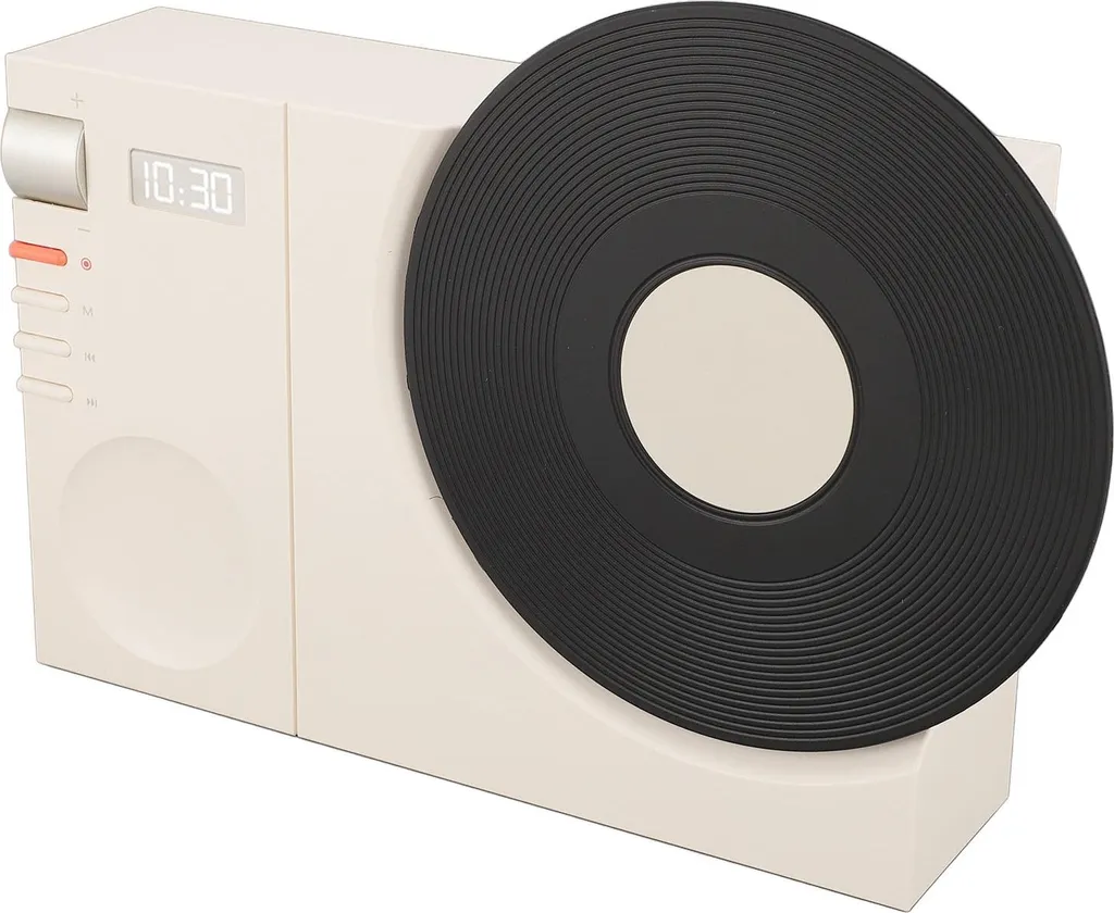 Haut-parleur BT Vintage Blanc avec Horloge Rétro et Plateau Pivotant