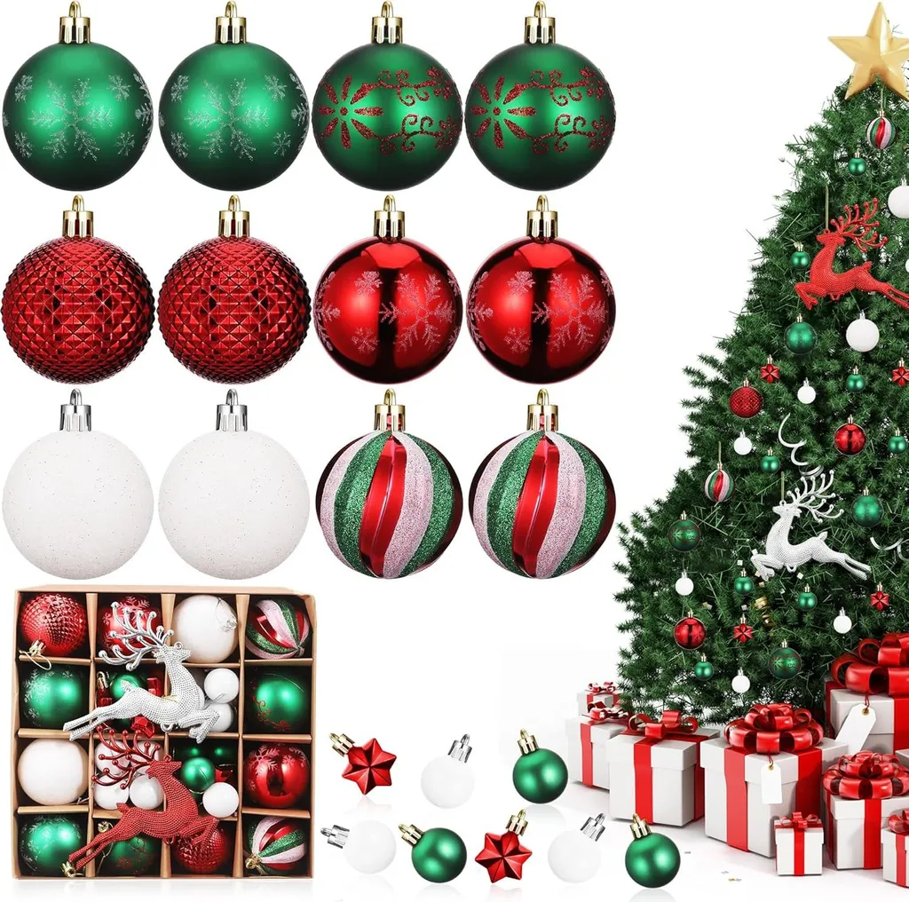 46 Boules de Noël Incassables Vert Rouge Blanc - Déco Sapin Festive
