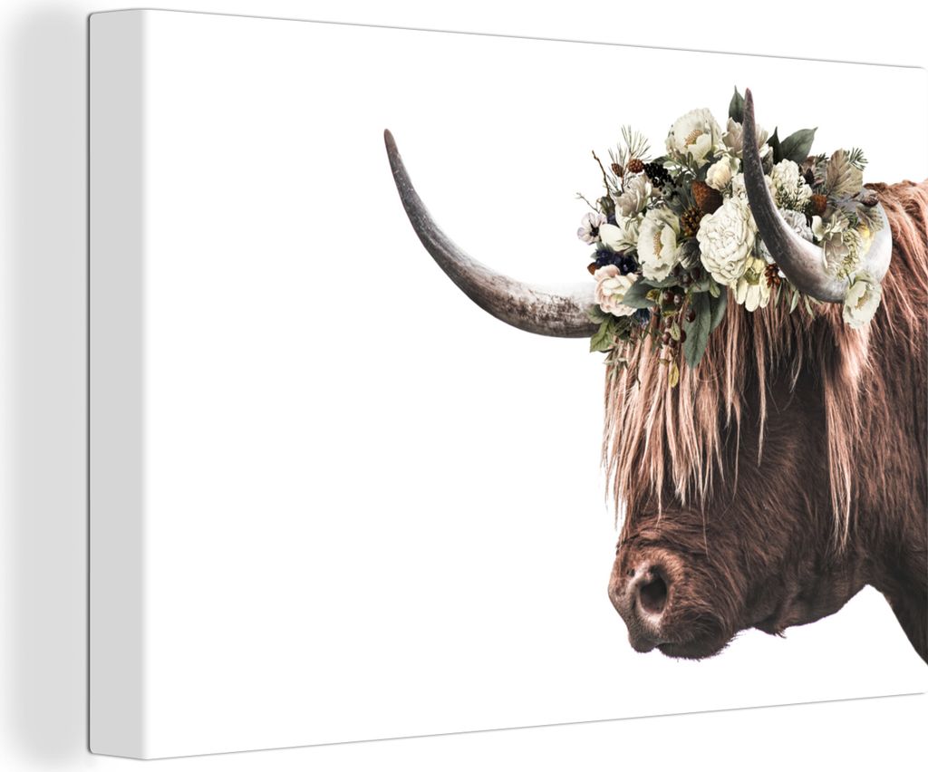 OneMillionCanvasses - Leinwandbilder - 150x100 cm, Schottisches Hochlandrind - Kuh - Blumen, Wandbilder Wohnzimmer Hochland Rind - Tier Wanddekor...