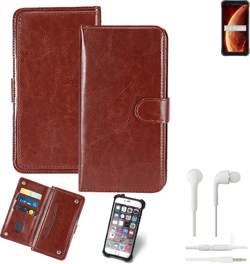 K-S-Trade 360° Hülle kompatibel mit Blackview BV4900 inkl. Headphones braun Kunstleder Case BookCase WalletCase Kunstlederederhülle Handyhülle,