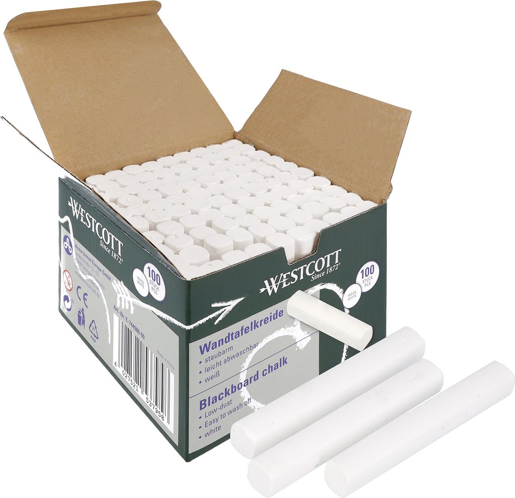 Westcott Kreide 100 Stück Weiss | Vorteilspack Tafelkreide mit 1,2cm in deckendem Weiss | staubarm & leicht abwischbar | 8,5cm lange Kreidesti...