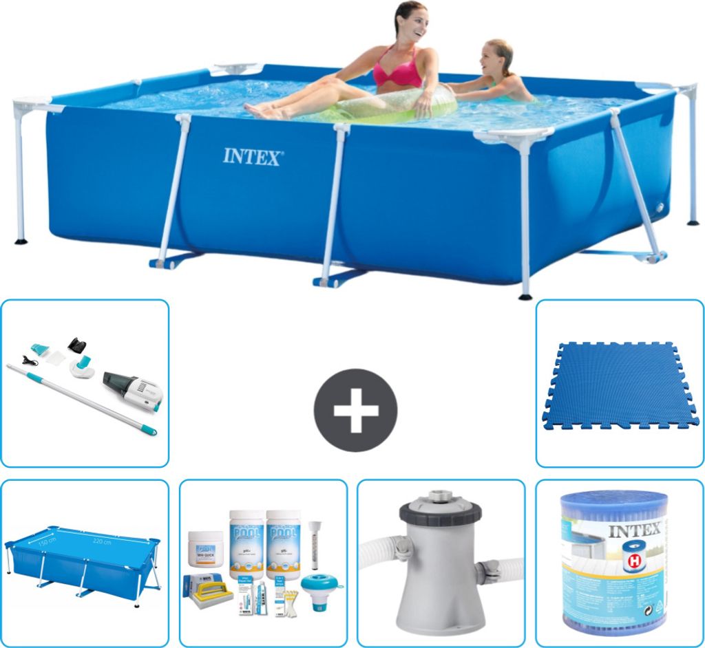 Intex-Schwimmbecken mit rechteckigem Rahmen – 220 x 150 x 60 cm – Blau – im Lieferumfang enthalten Sonnensegel - Wartungspaket - Filterpumpe ...