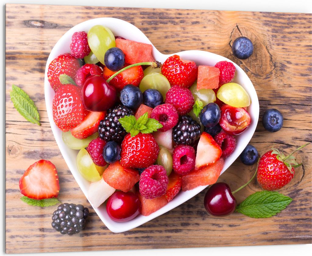 DEQORI Küchenrückwand Glas 80x60 cm 'Obstsalat ist Liebe' Spritzschutz Bad Rückwand