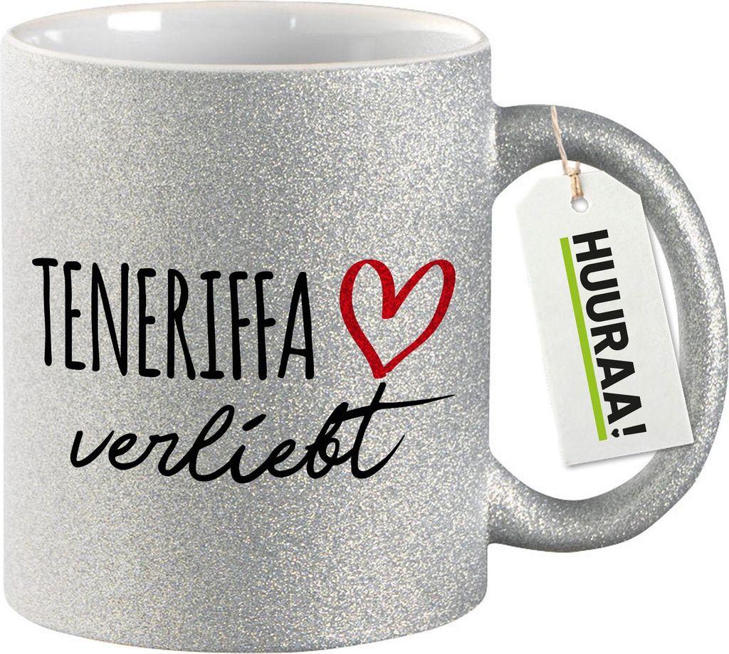 Huuraa Glitzertasse Teneriffa verliebt 330ml Silber Keramik Kaffeebecher Geschenkidee