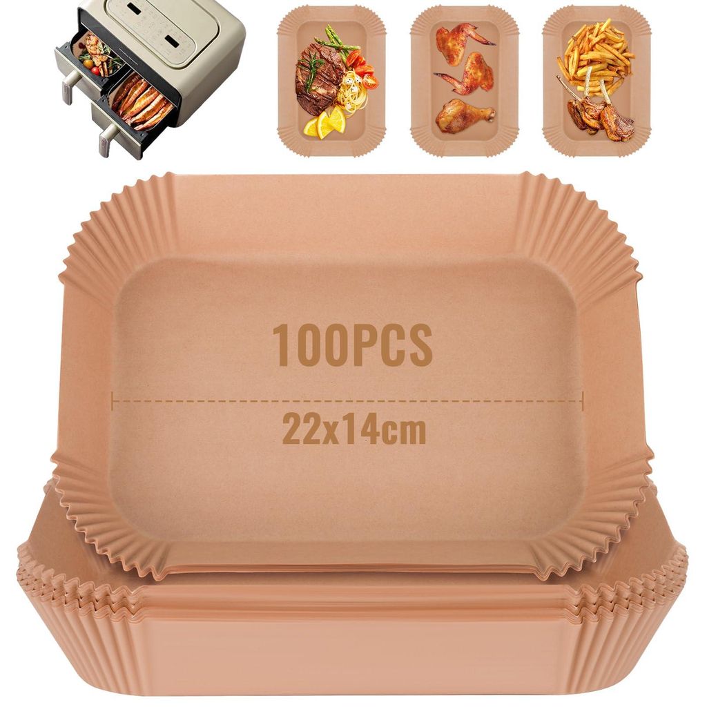 Backpapier für Heißluftfritteusen (Ninja, Princess & andere Modelle) - Rechteckig 22x14 cm, Antihaftbeschichtung, Einweg (100 Stück)