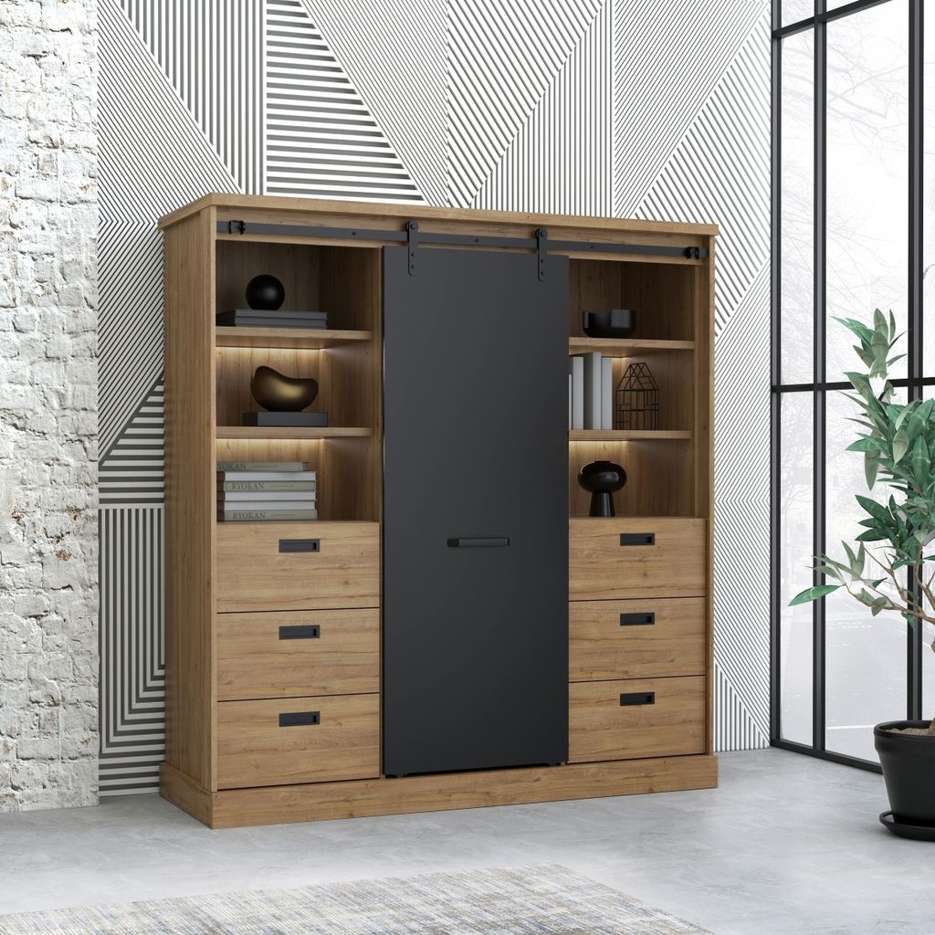 Highboard >Kaszimiro< in braun,schwarz - 148,4x160,2x52cm (BxHxT)