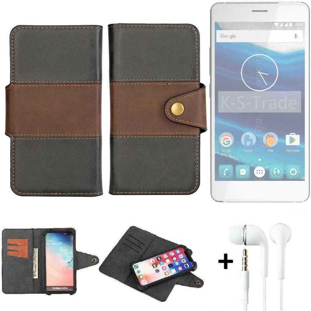 K-S-Trade Handyhülle Schutzhülle Bookstyle Wallet-Case kompatibel mit Qilive Q5 + earphones Bumper rundumschutz schwarz-braun 1x
