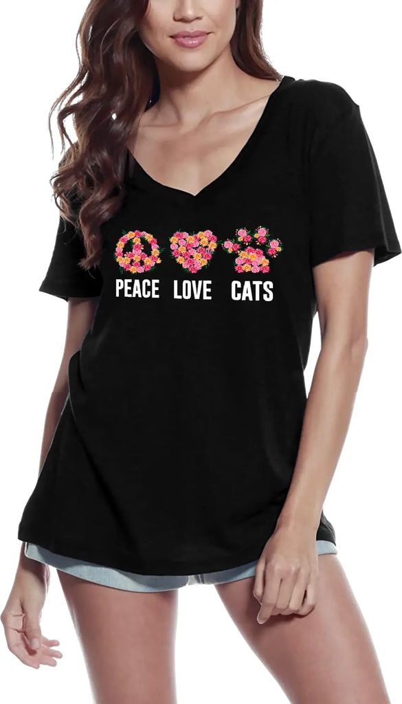 Damen Grafik T-Shirt V-Ausschnitt Peace Love Cats Öko-Verantwortlich Vintage Jahrgang Kurzarm Lustige Druck Geburtstag Geschenk Frau