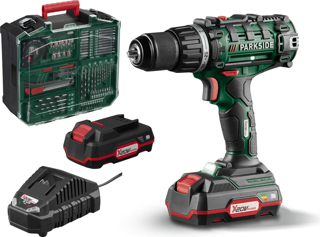Set Trapano Avvitatore Parkside 20V PABS 20-Li G8 | 2 Batterie e Kit 73 Pezzi