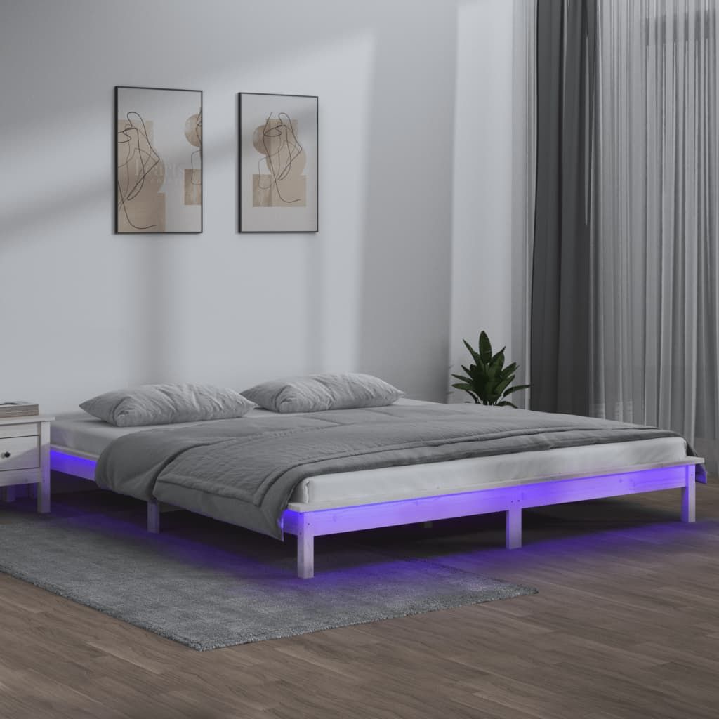 Massivholzbett mit LEDs Weiß 150x200 cm 5FT King Size , Klassische Betten Design 2024
