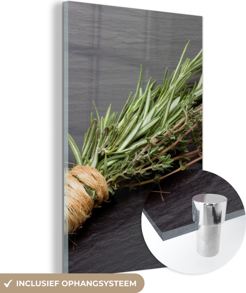 MuchoWow Glasbilder - Bilder auf Wandbild - Foto auf Glas Thymian - Kräuter - Grün - Tisch - Küche - Stein 60x90 cm Wanddekoration aus Glas - Ac...